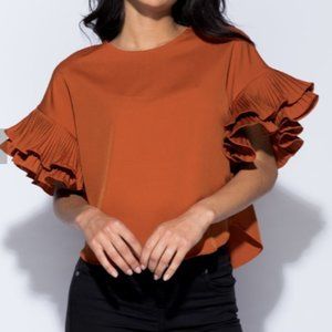 Pleated Detail Ruffle Sleeve Top-Colour-Rust